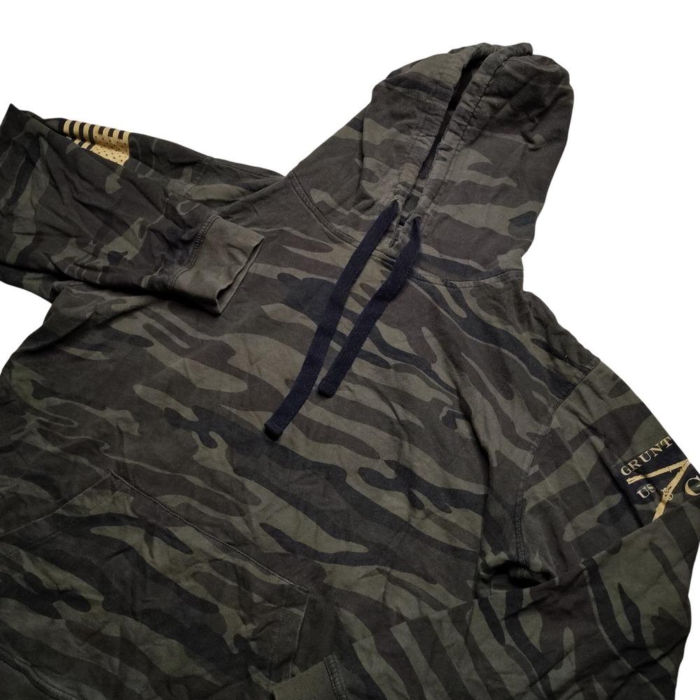 Grunt Style Hoodie Mens 2XL Green Camo Patriotic Flag Graphic Pullover Guns